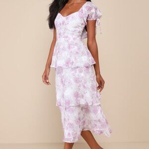 Purple Floral Tiered Midi Dress